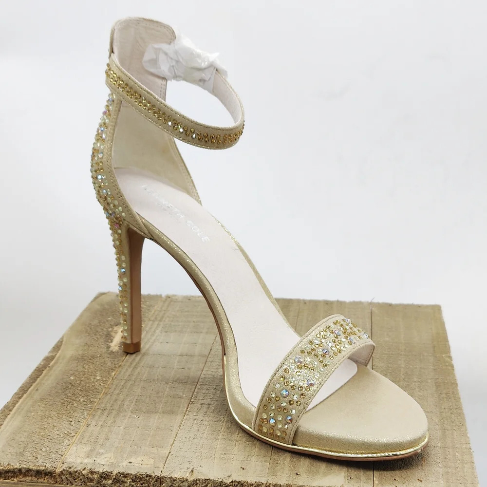 New In Box! Kenneth Cole Gold Strappy Heels • Blinged Out w/ Jewels • Size 10